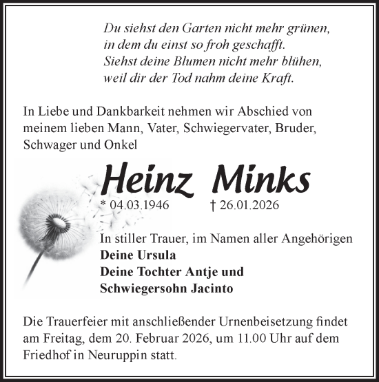 Traueranzeige von Heinz Minks von Märkische Oderzeitung