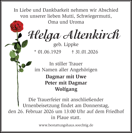 Traueranzeige von Helga Altenkirch von Märkische Oderzeitung