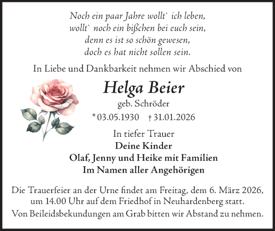 Traueranzeige von Helga Beier von MO Oderld.-Echo