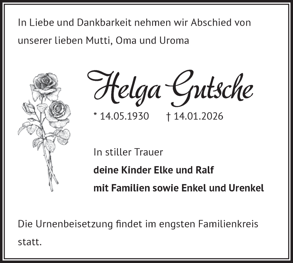  Traueranzeige für Helga Gutsche vom 07.02.2026 aus Märkische Oderzeitung