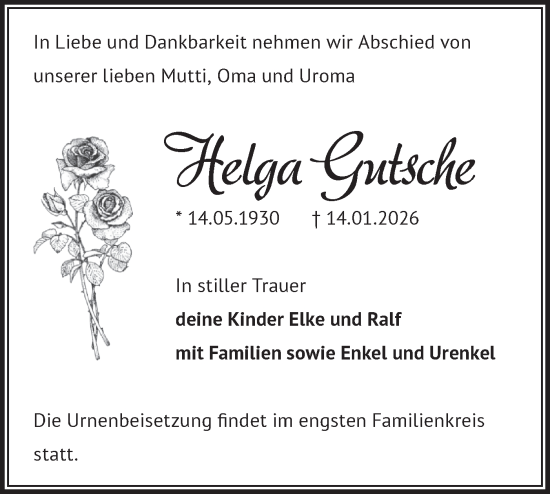 Traueranzeige von Helga Gutsche von Märkische Oderzeitung