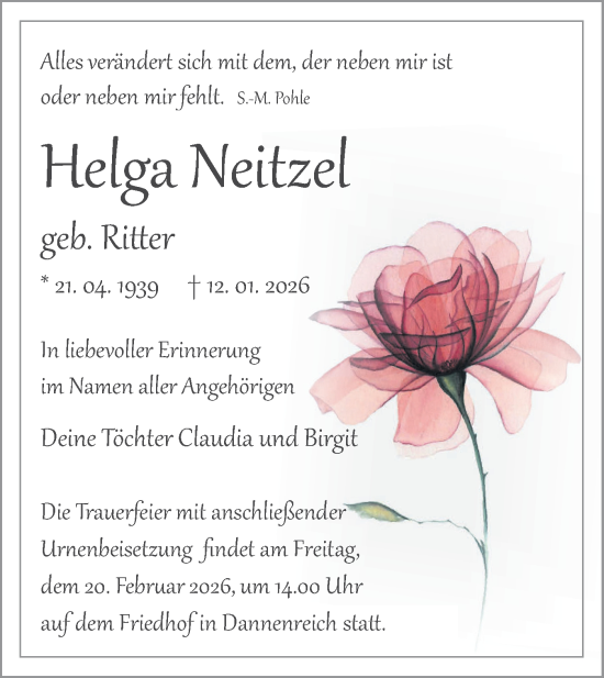 Traueranzeige von Helga Neitzel von Blickpunkt Königs Wusterhausen