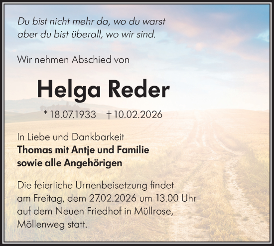 Traueranzeige von Helga Reder von Märkische Oderzeitung