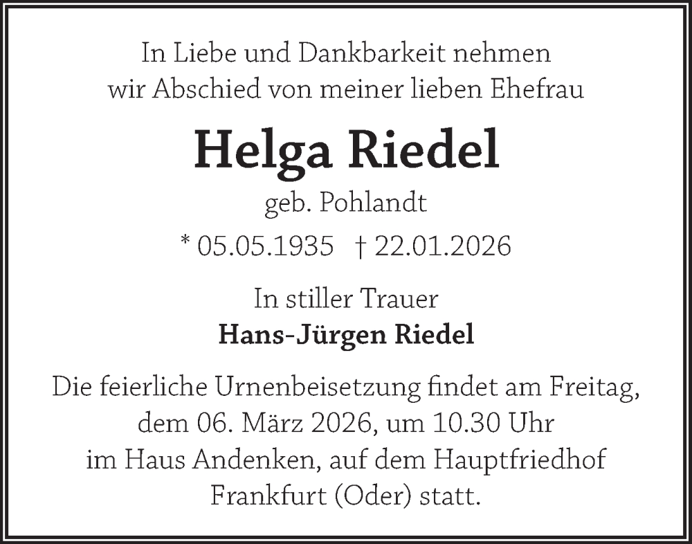  Traueranzeige für Helga Riedel vom 07.02.2026 aus Märkische Oderzeitung