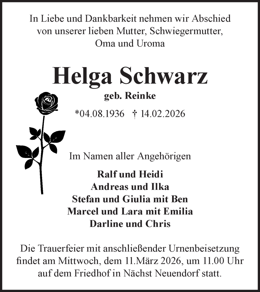  Traueranzeige für Helga Schwarz vom 21.02.2026 aus Blickpunkt Ludwigsfelde/Zossen