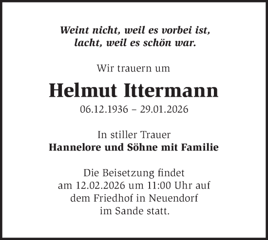 Traueranzeige von Helmut Ittermann von Märkische Oderzeitung