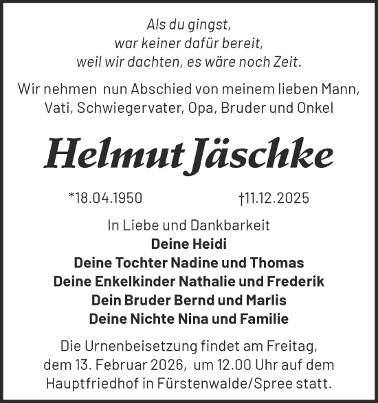 Traueranzeige von Helmut Jäschke von Märkische Oderzeitung