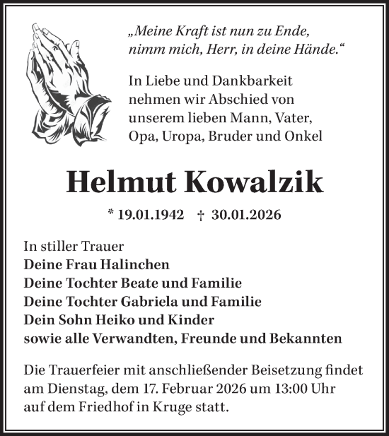 Traueranzeige von Helmut Kowalzik von MO Oderld.-Echo
