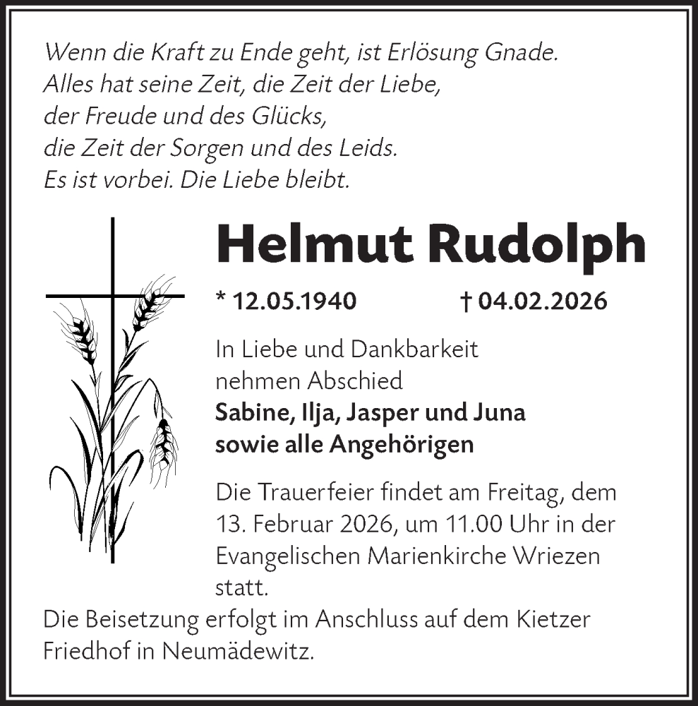  Traueranzeige für Helmut Rudolph vom 07.02.2026 aus MO Oderld.-Echo