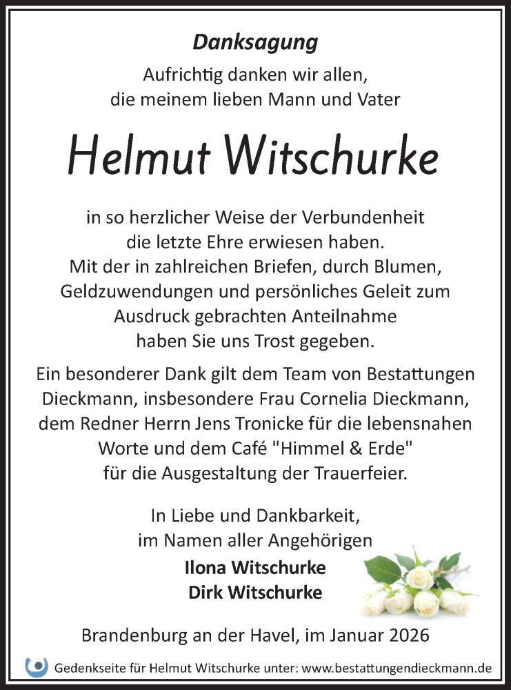  Traueranzeige für Helmut Witschurke vom 07.02.2026 aus Märkische Oderzeitung