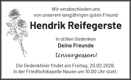 Traueranzeige von Hendrik Reifegerste von Märkische Oderzeitung