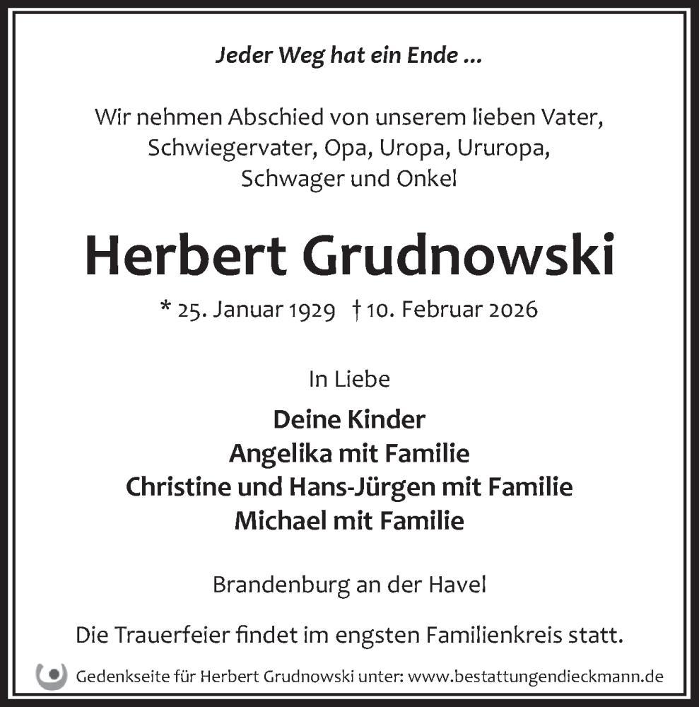  Traueranzeige für Herbert Grudnowski vom 21.02.2026 aus Märkische Oderzeitung