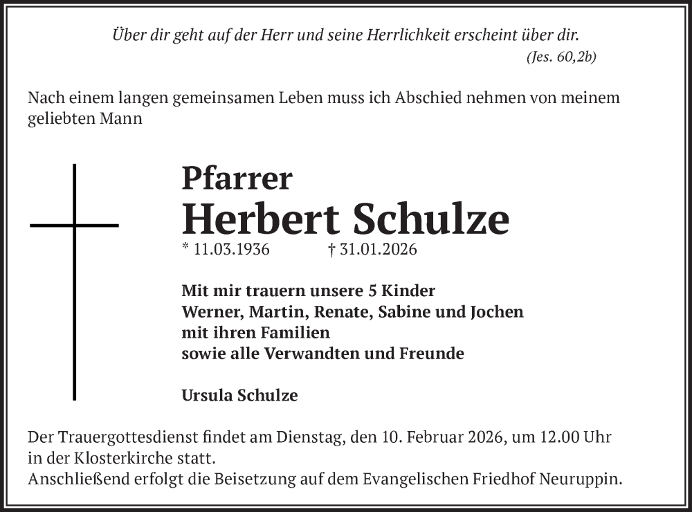  Traueranzeige für Herbert Schulze vom 07.02.2026 aus Märkische Oderzeitung