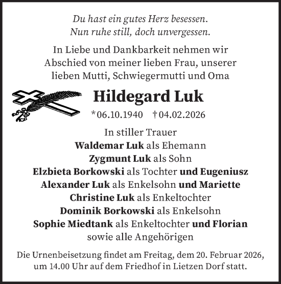 Traueranzeige von Hildegard Luk von MO Oderld.-Echo