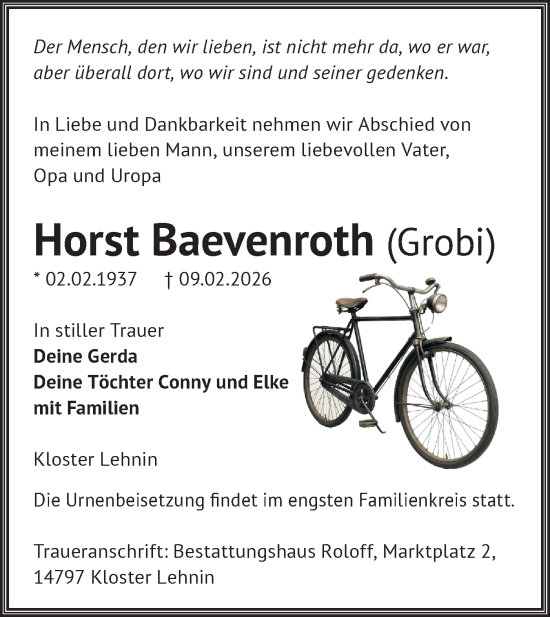 Traueranzeige von Horst Baevenroth von Märkische Oderzeitung