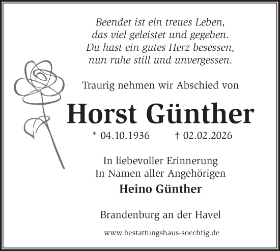 Traueranzeige von Horst Günther von Märkische Oderzeitung