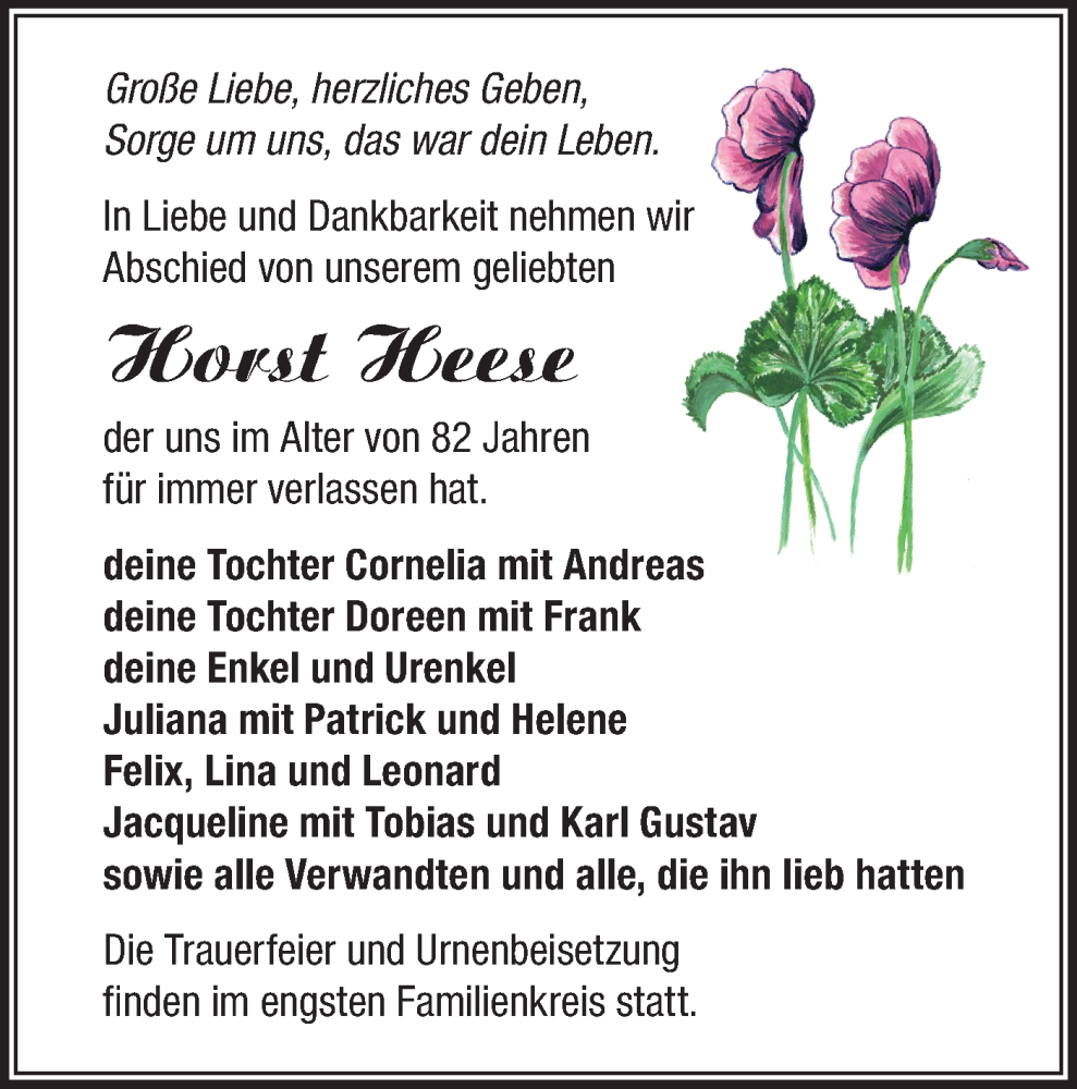  Traueranzeige für Horst Heese vom 14.02.2026 aus MO Oderld.-Echo