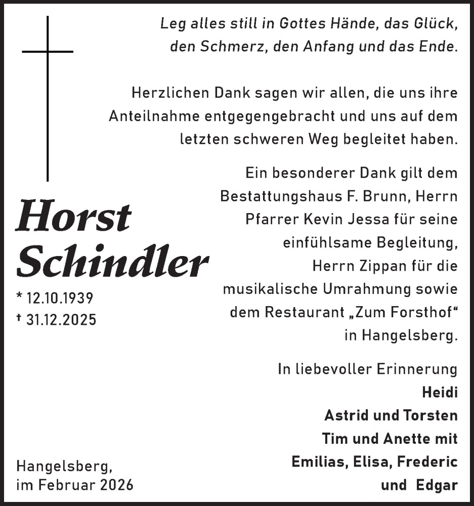  Traueranzeige für Horst Schindler vom 14.02.2026 aus Märkische Oderzeitung