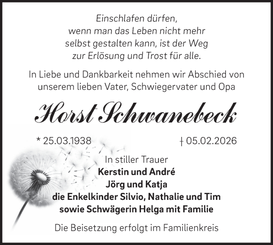 Traueranzeige von Horst Schwanebeck von Märkische Oderzeitung