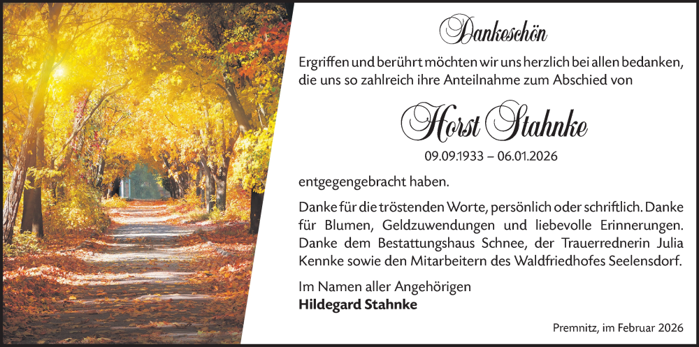  Traueranzeige für Horst Stahnke vom 07.02.2026 aus Märkische Oderzeitung