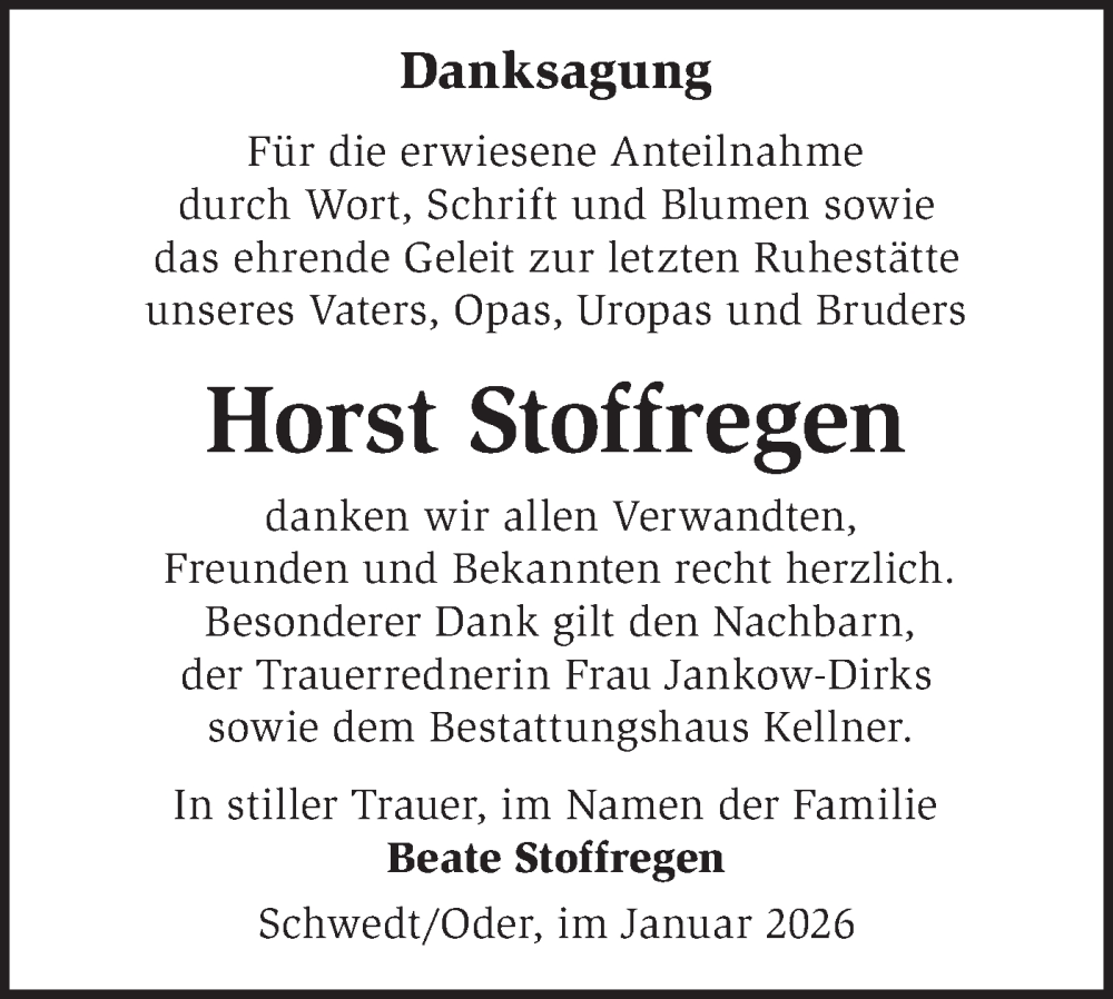  Traueranzeige für Horst Stoffregen vom 07.02.2026 aus MO Uckerm.-Anz.