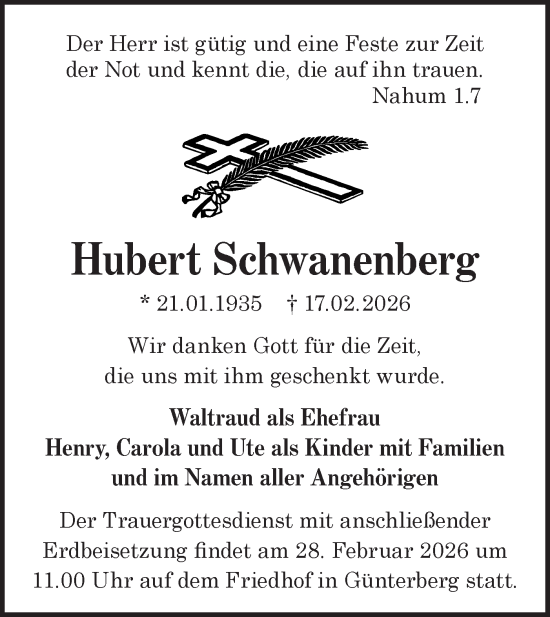 Traueranzeige von Hubert Schwanenberg von MO Uckerm.-Anz.