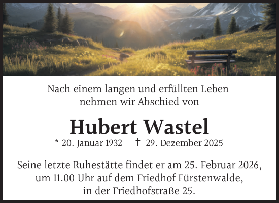 Traueranzeige von Hubert Wastel von Märkische Oderzeitung