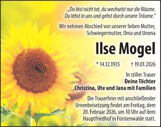 Traueranzeige von Ilse Mogel von Märkische Oderzeitung