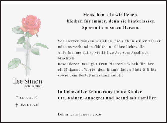 Traueranzeige von Ilse Simon von Märkische Oderzeitung