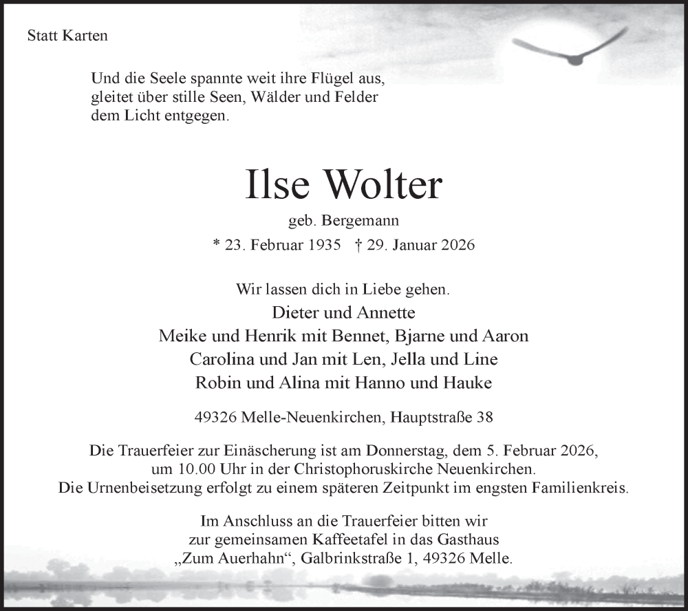  Traueranzeige für Ilse Wolter vom 03.02.2026 aus Märkische Oderzeitung
