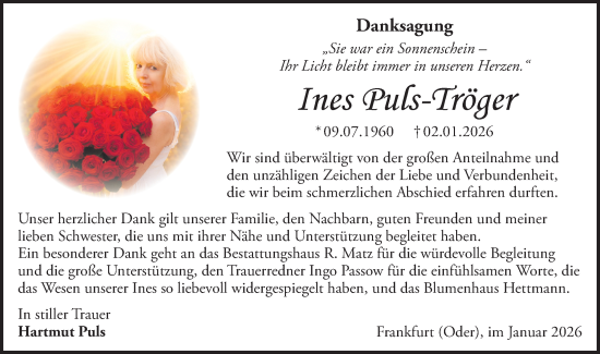 Traueranzeige von Ines Puls-Tröger von Märkische Oderzeitung