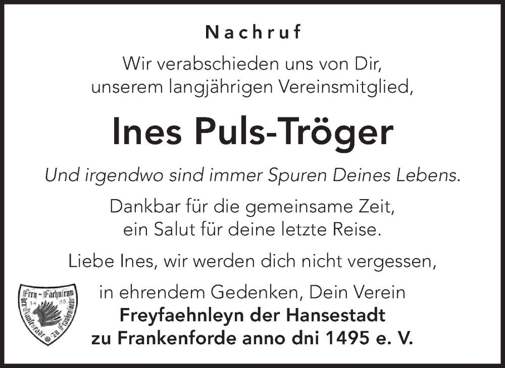  Traueranzeige für Ines Puls-Tröger vom 07.02.2026 aus Märkische Oderzeitung