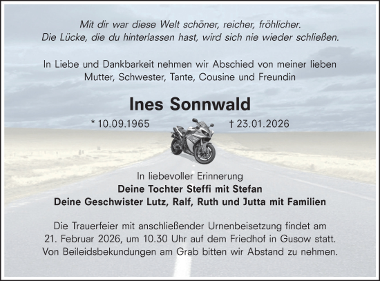 Traueranzeige von Ines Sonnwald von MO Oderld.-Echo