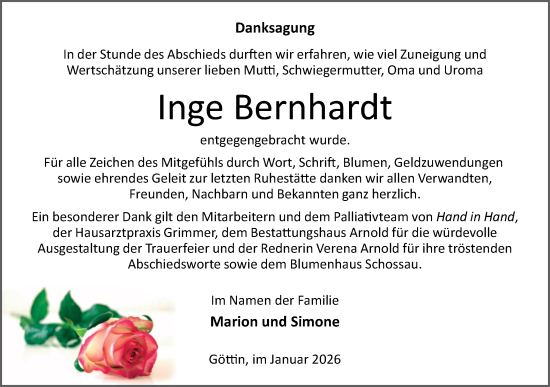 Traueranzeige von Inge Bernhardt von Märkische Oderzeitung