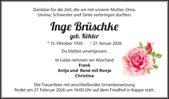Traueranzeige von Inge Brüschke von Märkische Oderzeitung