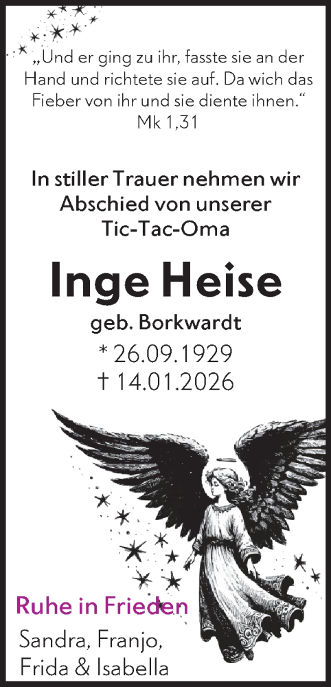  Traueranzeige für Inge Heise vom 05.02.2026 aus Märkische Oderzeitung