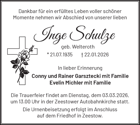 Traueranzeige von Inge Schulze von Märkische Oderzeitung