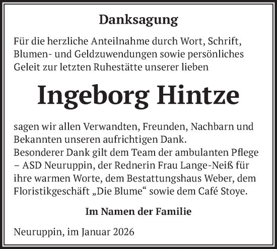 Traueranzeige von Ingeborg Hintze von Märkische Oderzeitung