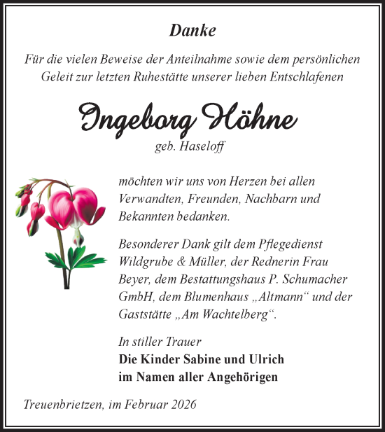 Traueranzeige von Ingeborg Höhne von Blickpunkt Jüterbog/Luckenwalde