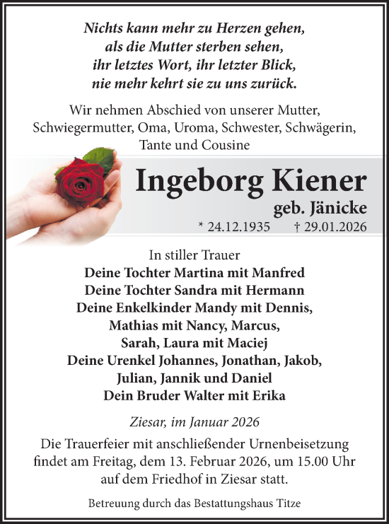 Traueranzeige von Ingeborg Kiener von Märkische Oderzeitung