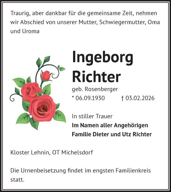Traueranzeige von Ingeborg Richter von Märkische Oderzeitung