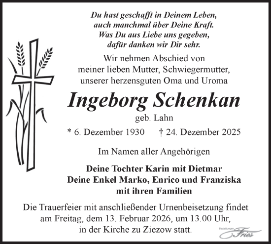 Traueranzeige von Ingeborg Schenkan von Märkische Oderzeitung