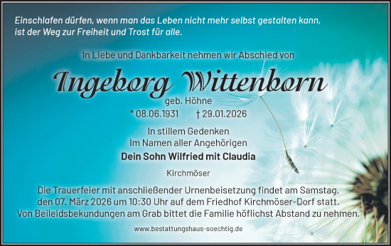 Traueranzeige von Ingeborg Wittenborn von Märkische Oderzeitung