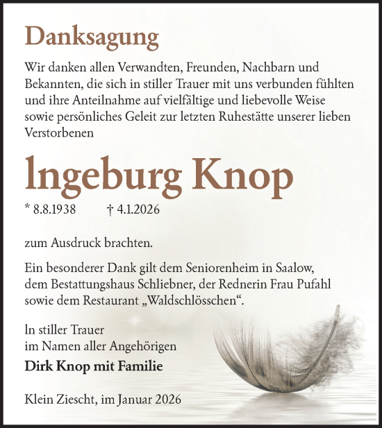 Traueranzeige von Ingeburg Knop von Blickpunkt Ludwigsfelde/Zossen