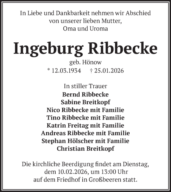 Traueranzeige von Ingeburg Ribbecke von Blickpunkt Ludwigsfelde/Zossen