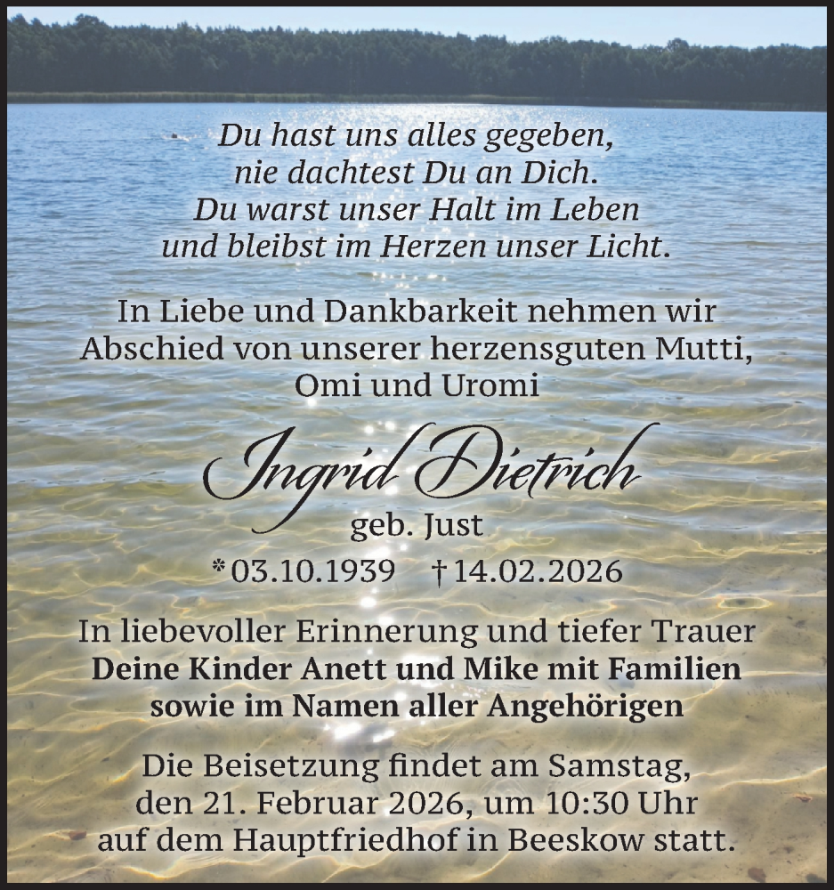  Traueranzeige für Ingrid Dietrich vom 17.02.2026 aus Märkische Oderzeitung