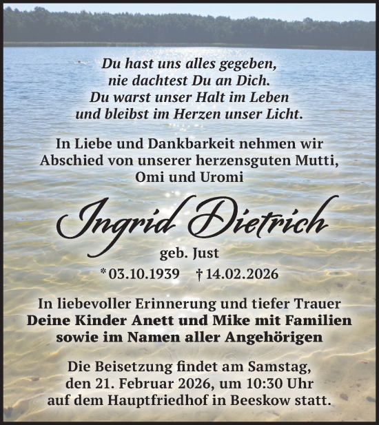 Traueranzeige von Ingrid Diettrich von Märkische Oderzeitung