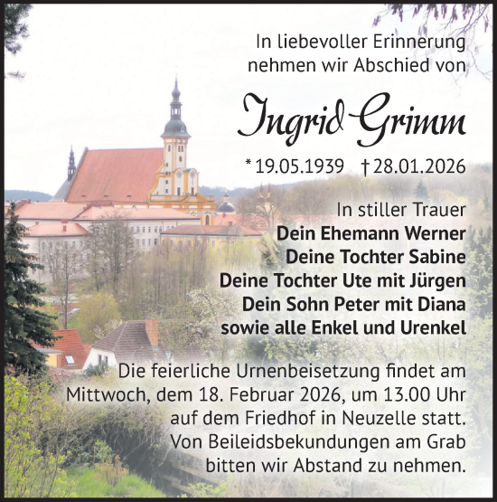 Traueranzeige von Ingrid Grimm von Märkische Oderzeitung