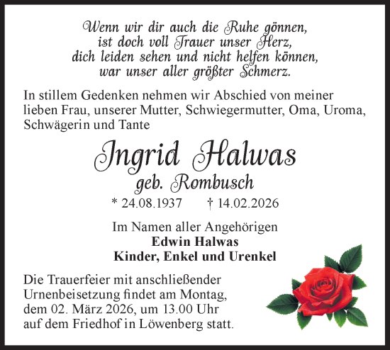 Traueranzeige von Ingrid Halwas von Märkische Oderzeitung