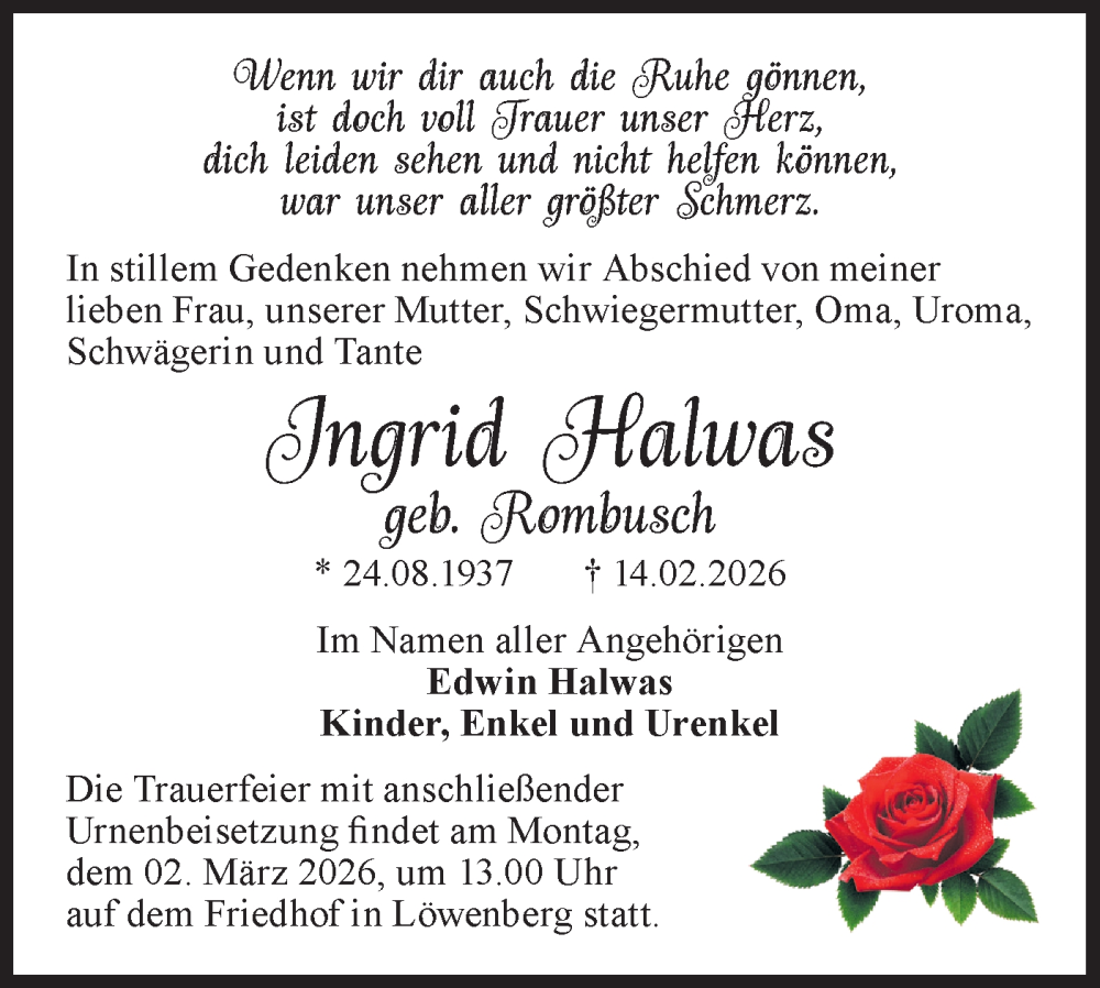  Traueranzeige für Ingrid Halwas vom 21.02.2026 aus Märkische Oderzeitung